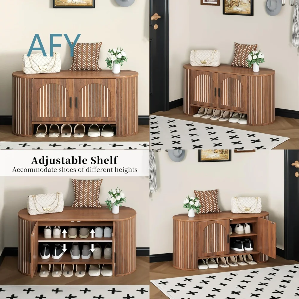 Modern Wooden Double Door Shoe Changing Stool for Living Room Entrance Hallway Built-in Movable Laminate Storage Bench for