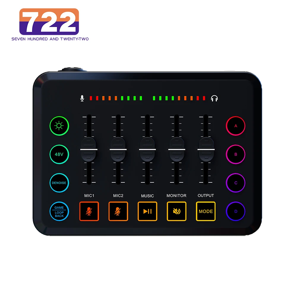 Live Sound Card F9 Live Broadcast DJ Mixer Controller 5 Channel Sound Card 48V Phantom Power OTG RGB Color Light Mixer Audio