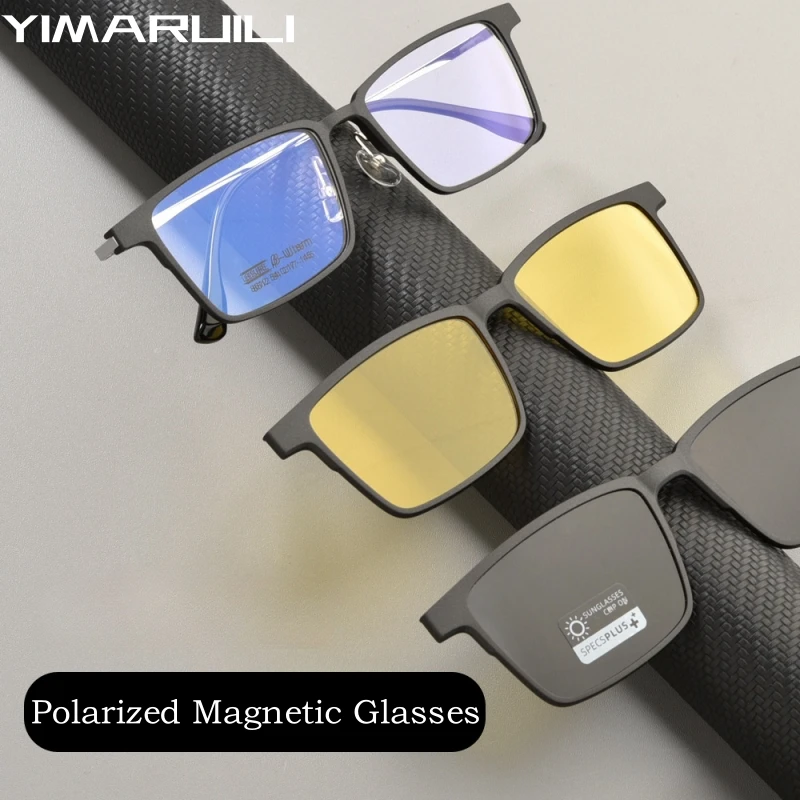 YIMARUILI Fashion Big Polarized Magnetic Clip-On Glasses UV400 TR90 Titanium Alloy Optical Prescription Glasses Frame Men Y8512M