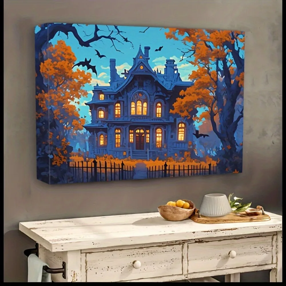 Moldura de madeira maciça de 1,5 polegadas, pôster de lona do castelo de abóbora de terror de Halloween, adequado para decorações de Halloween e decorações de quarto