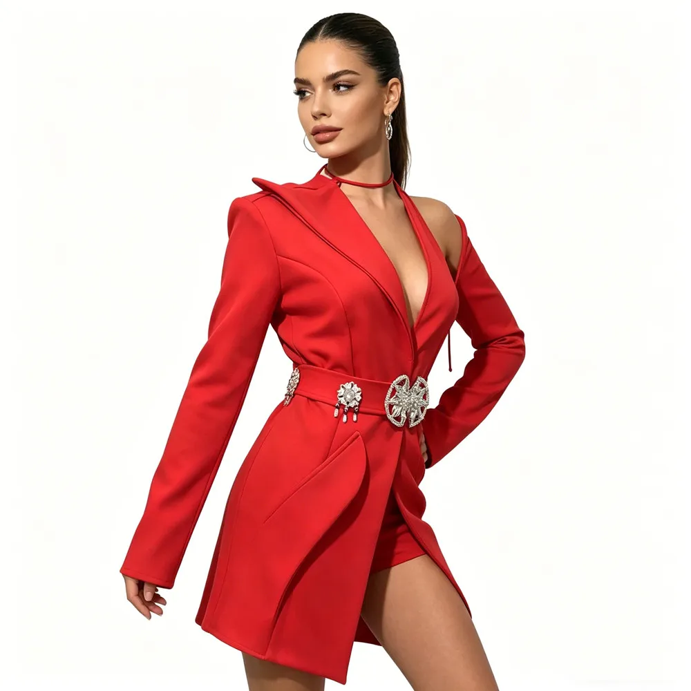 

Sexy Single Side Long Sleeve Irregular Suit Blazer with Belt Nightclub Bar Gogo Singer Jazz Dance Team Stage Performance Costume