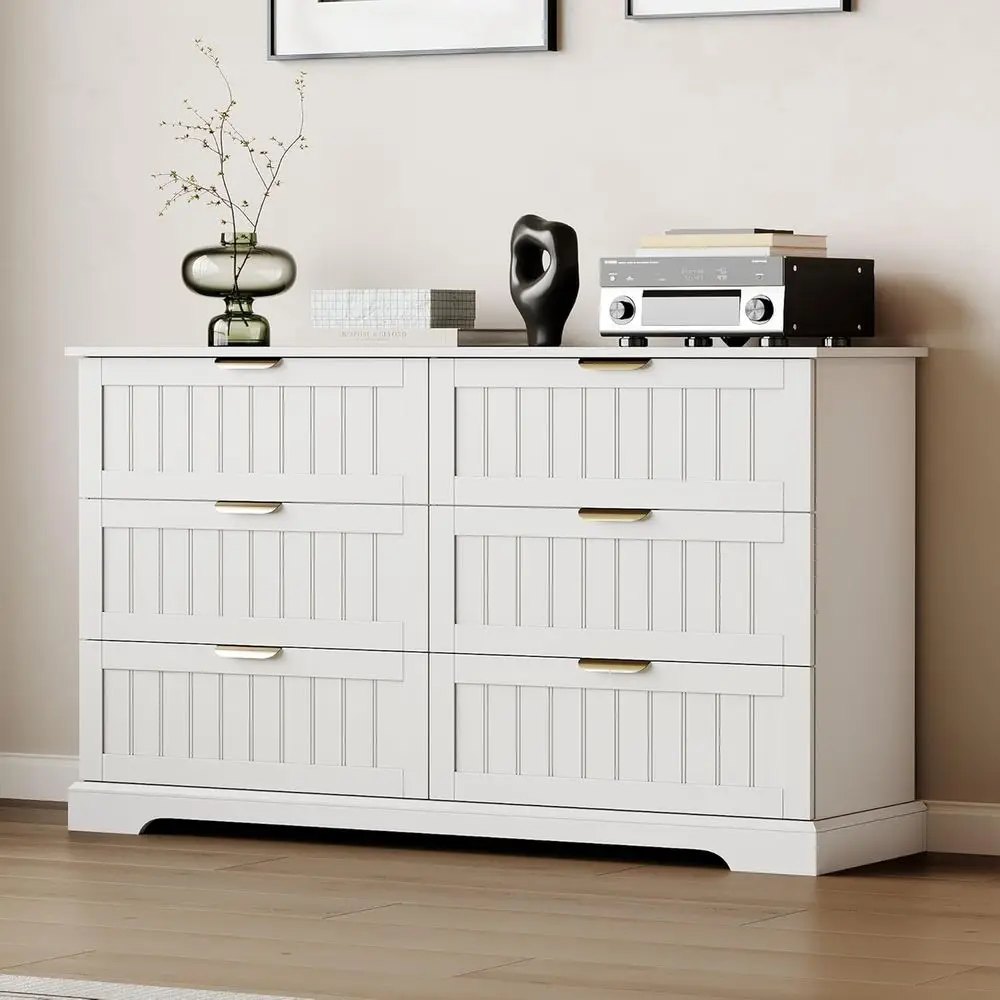 

Wide 53 White Double Dresser with Metal Handles for Bedroom, Living Room, or Entryway Storage
