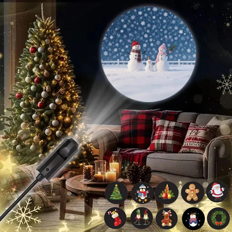 Christmas Projection Lights 5V USB Night Light Ambiance 4/10 Modes Switchable Pattern Projection for Santa Claus Snowman Moose