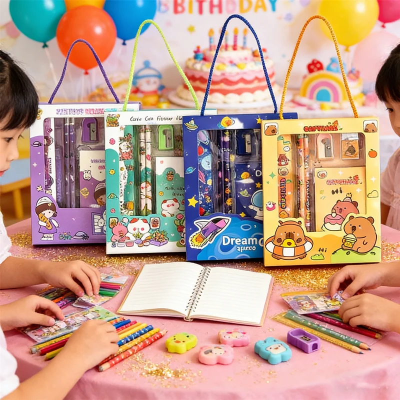 2026 NEW Kids Stationery Set 6Pcs, Cartoon Adorable Capybara Design Pencil Case with Eraser & Sharpener, School Supplies Gift