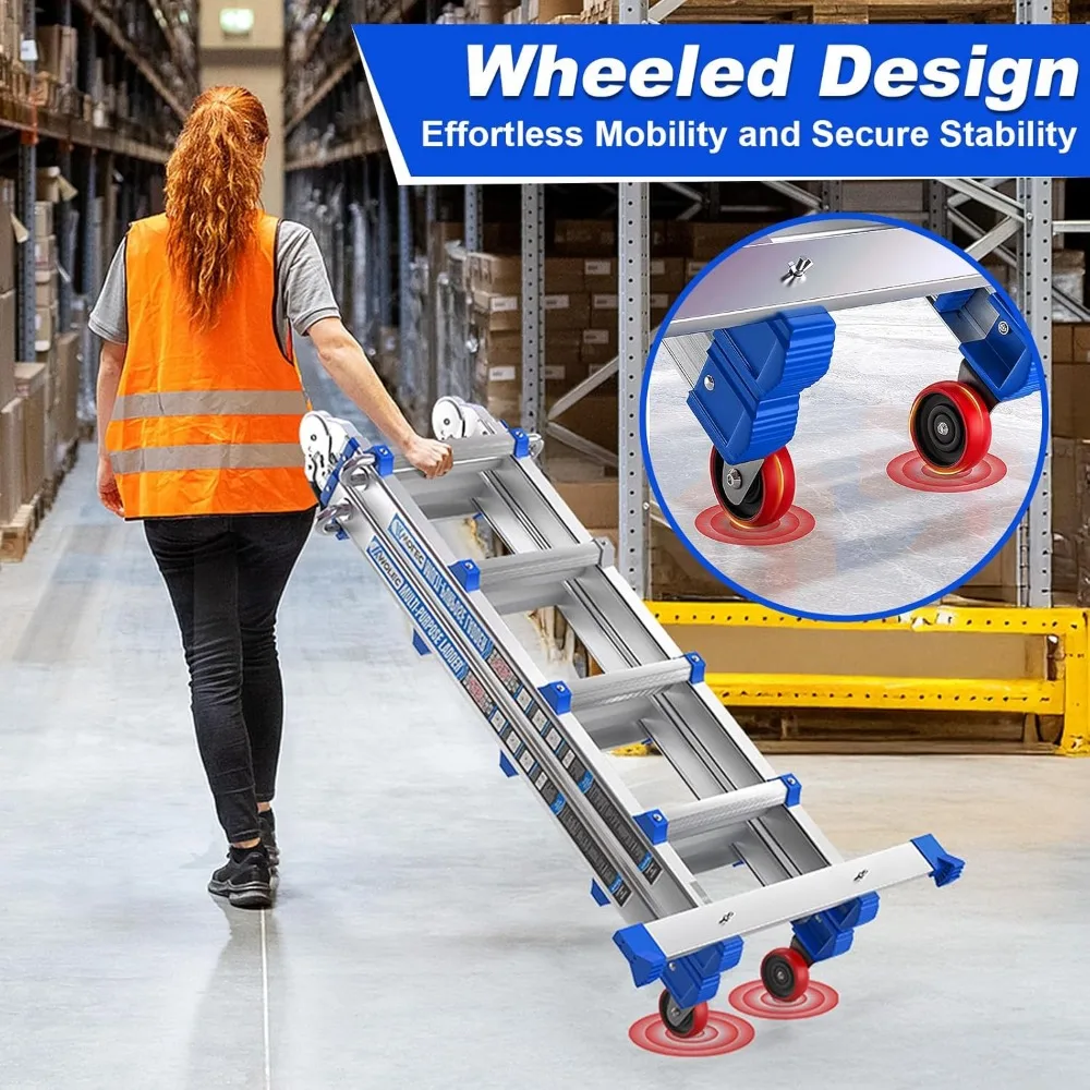 سلم تمديد قابل للطي بطول 14 قدمًا مع عجلات ومثبت لقدرة تحميل 330 رطل #4