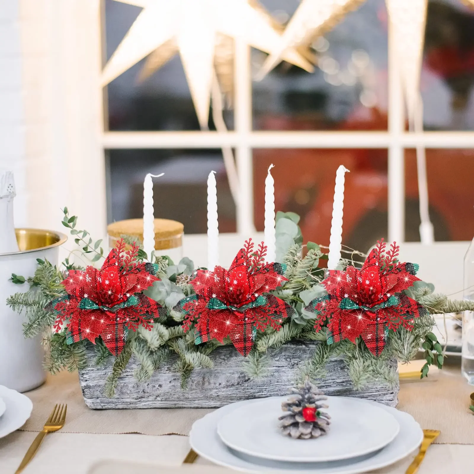 12 قطعة البونسيتة الاصطناعية عيد الميلاد بريق الزهور مع مقاطع شجرة عيد الميلاد زهرة زخرفة إكليل عيد الميلاد DIY بها بنفسك ديكور المنزل #6