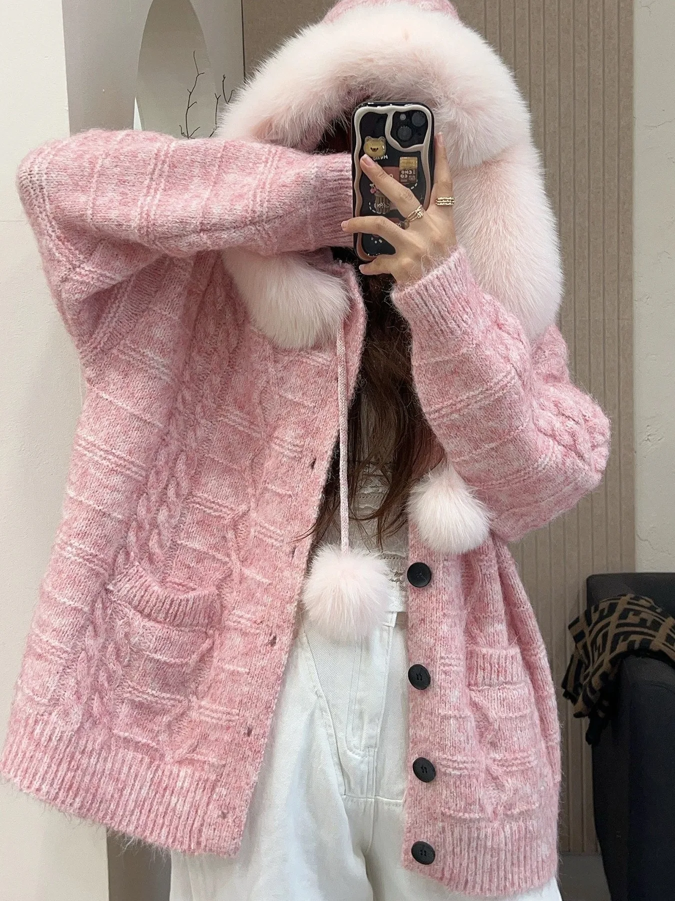 패셔너블 탈부착 가능한 퍼 칼라 후드 루즈 니트 가디건 여성용 초가을 2025 오픈 프론트 스웨터 아우터웨어