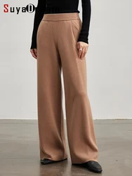 SuyaDearm, Winter Pants for Women, 32%Wool, Elastic Waisted Wide Leg Pants, 2023 Autumn Winter Chic Trousers, Camel, Black