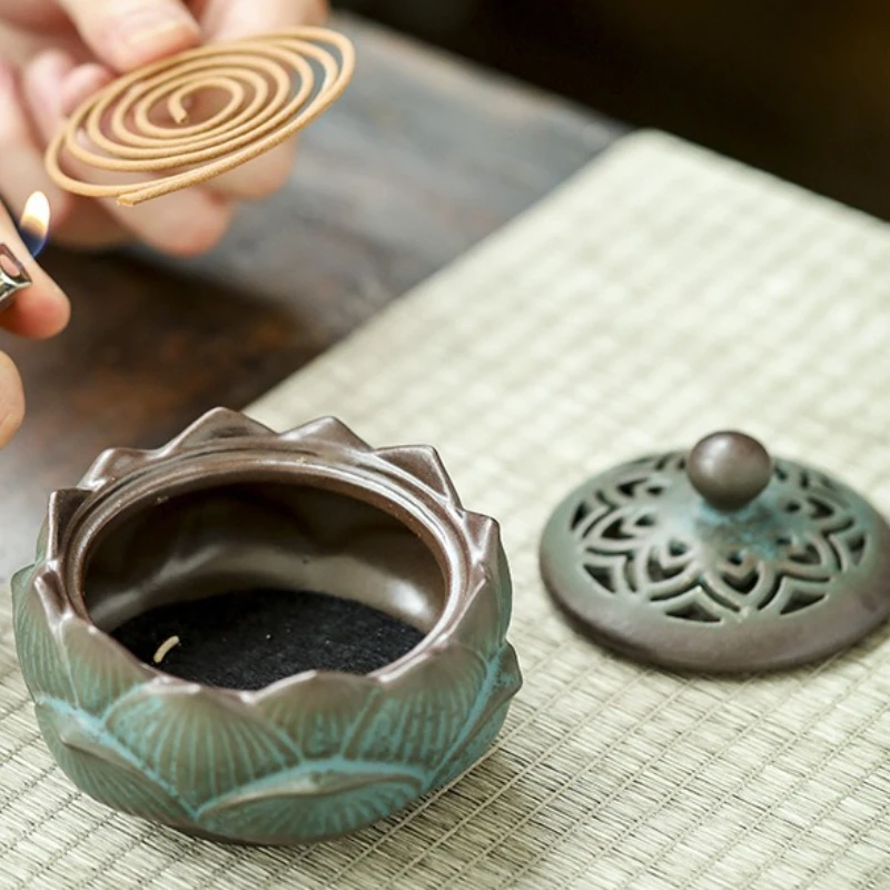 Ceramic Incense Burner Lotus Figurine Incense Coil Holder Censer for Ornament Tea House