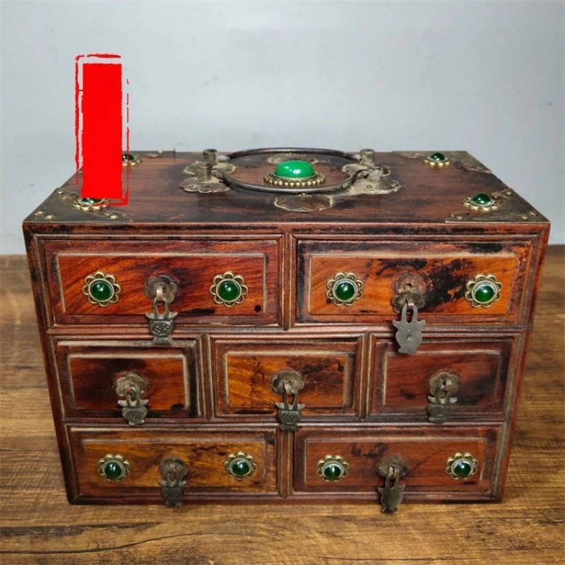 Vintage Old Huali Wood 7-Drawer Jewelry Box Inlaid Gemstone Storage Case Antique Ornament Chest Decorative Display