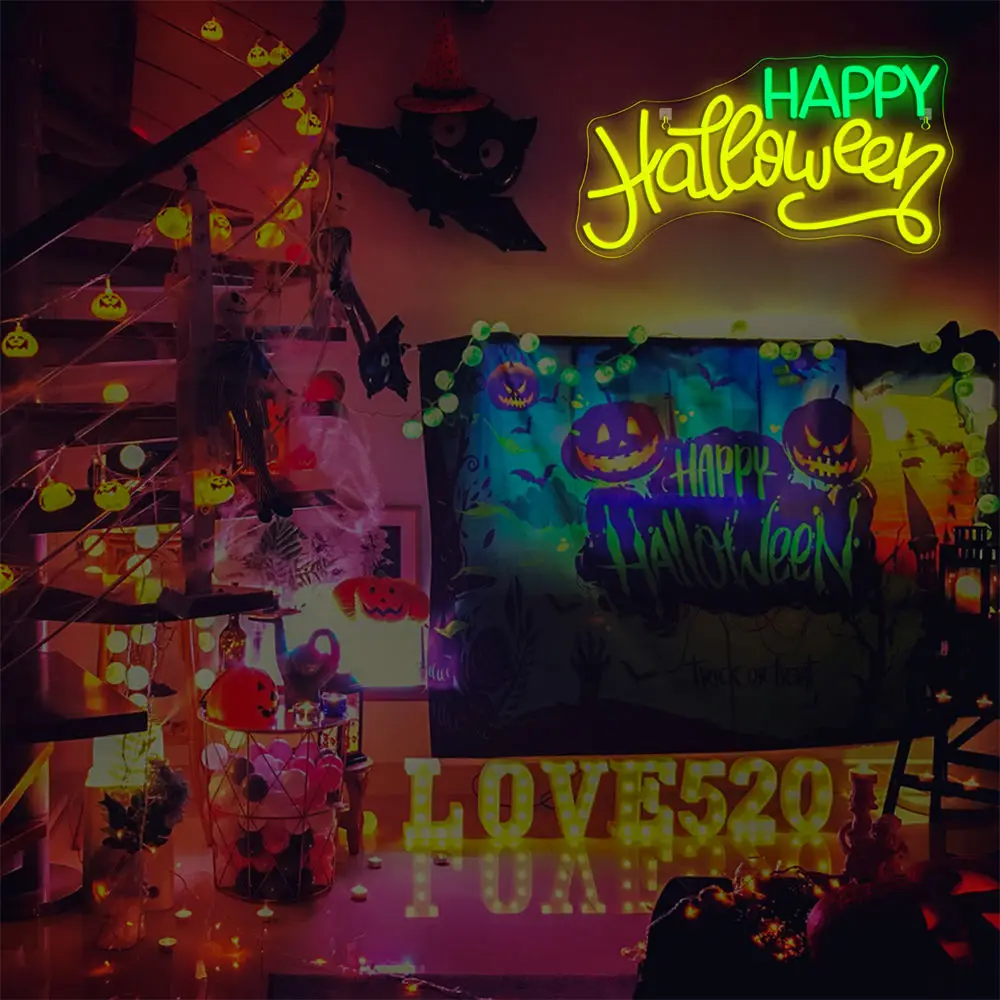 Happy Halloween Neon Signs Led Lights Letter Room Decoration For Party Bar Home Bedroom Club Dimmable Wall Light Up Sign Lamp