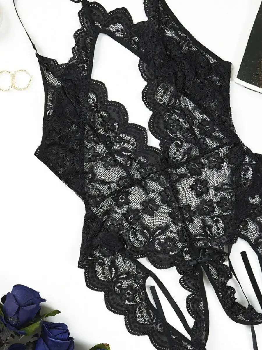 Sexy Lace Trimmed Open Crotch Bodysuits Sexy Hanging Neck Off-the-shoulder Backless Deep V Sleeveless Bodysuits Pure Desire TO27