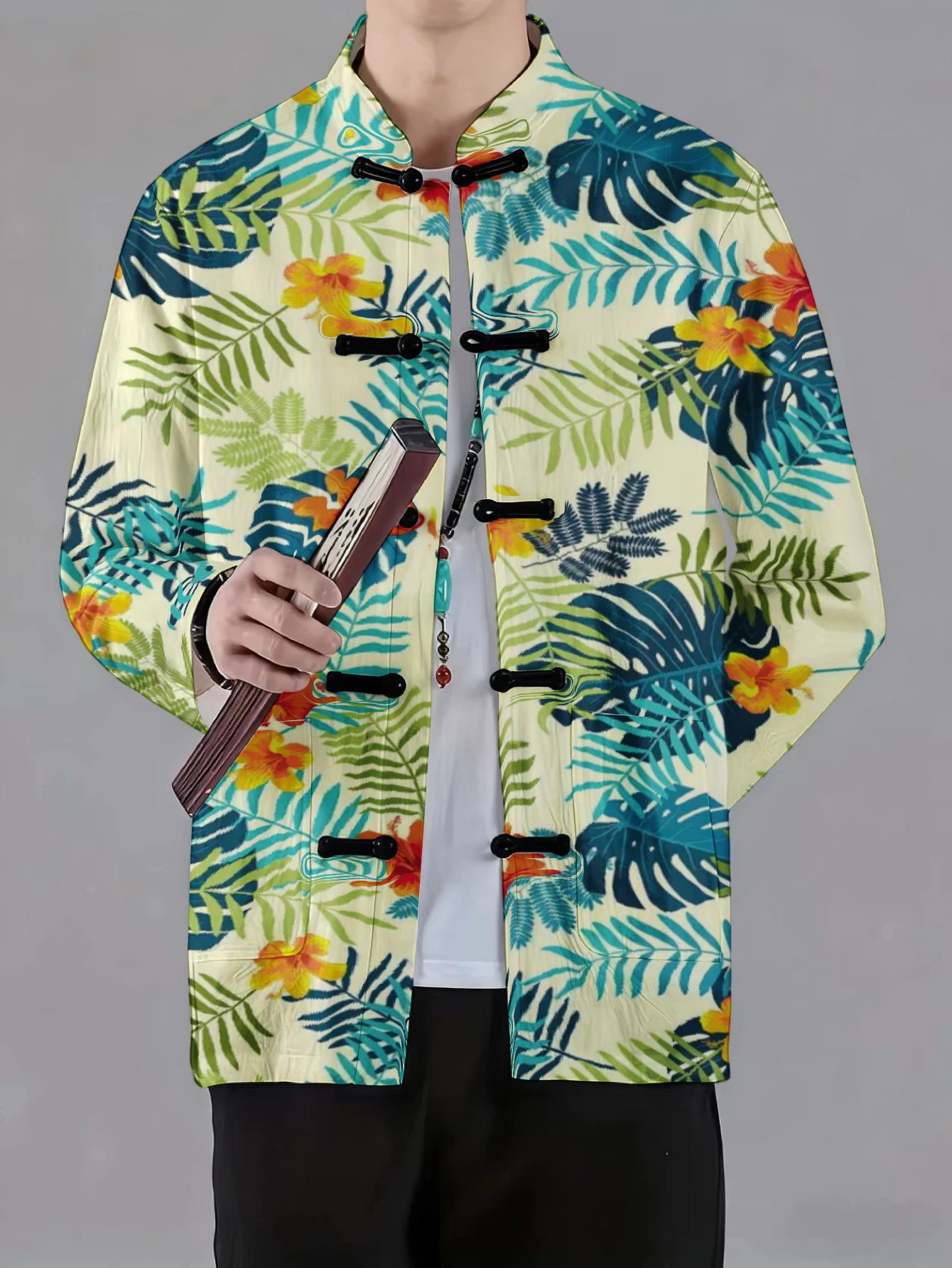 Men Mandarin Collar Frog Button Jacket Tropical Marble Octopus Whale Print Traditional Outerwear