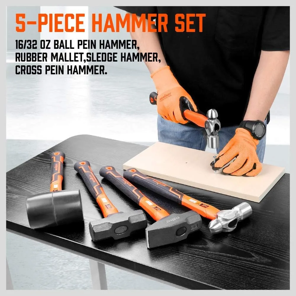 5-Piece Hammer Set,16oz Ball Pein Hammer, 32oz Rubber Mallet | 3lb Sledge Hammer | 3lbCross Peen Hammer