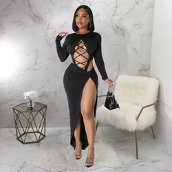 Sexy Night Club Dress for Women Summer Long Sleeve Hollow Out Slit Irregularity Mini Sheath Woman Dress Cocktail Party Dresses