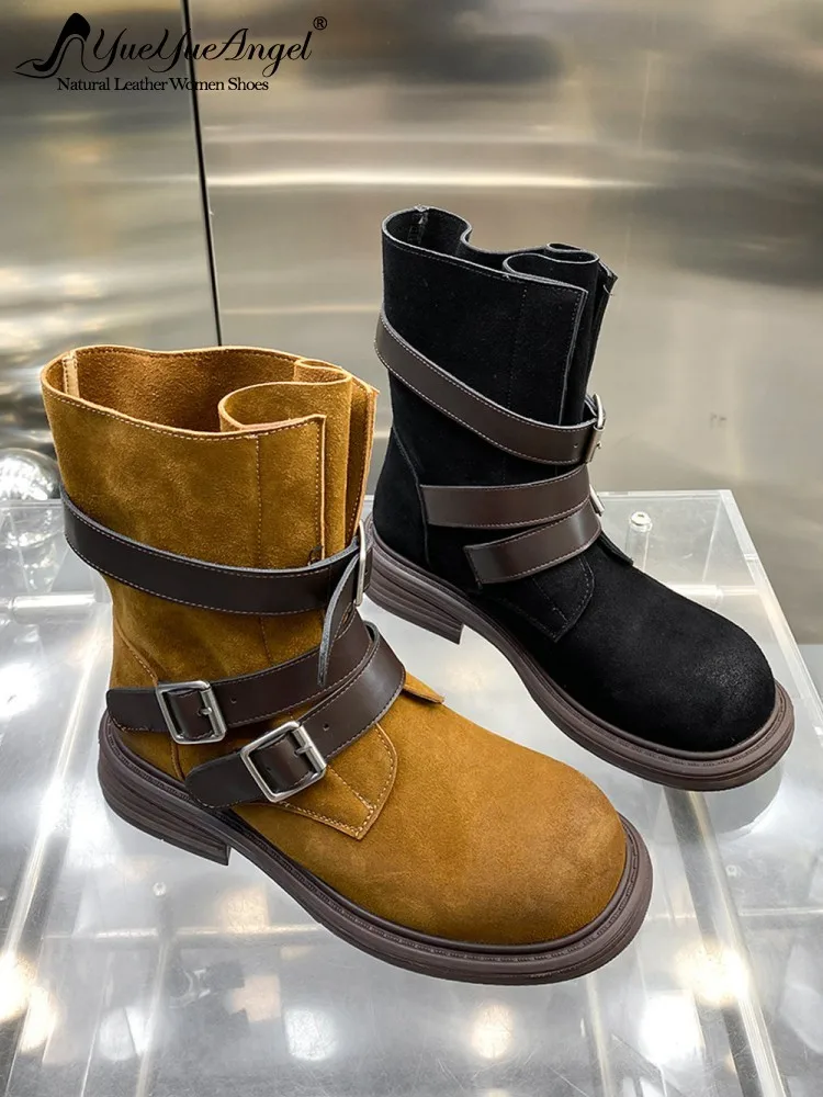 Vintage Autumn Women Buckle Strap High Top Moto Riding Boots Real Cow Suede Leather Ankle Boots Fleece Lining Work Safety Shoes