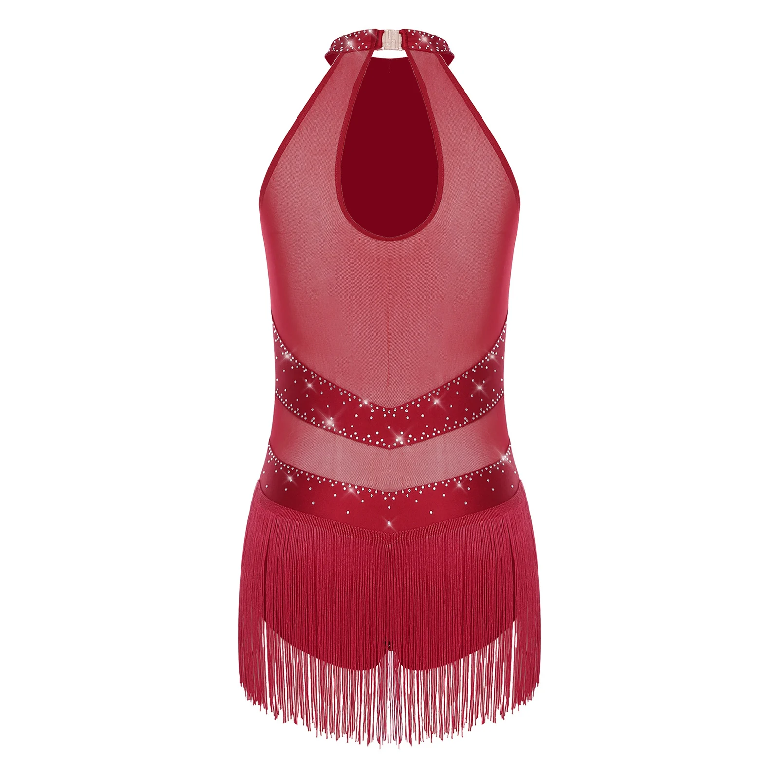 Fashion Women Latin Cha-cha Dance Costume Rhinestone Tassel Sheer Mesh Bodysuit Tango Samba Dance Skating Dance Performance Wear