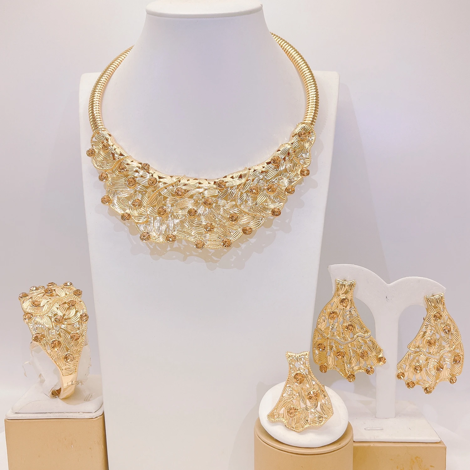 Yulaili Gold Colorful Rhinestones Jewelry Set Necklace Earrings Bracelet Ring African Party Wedding Ornate Accessory I00020