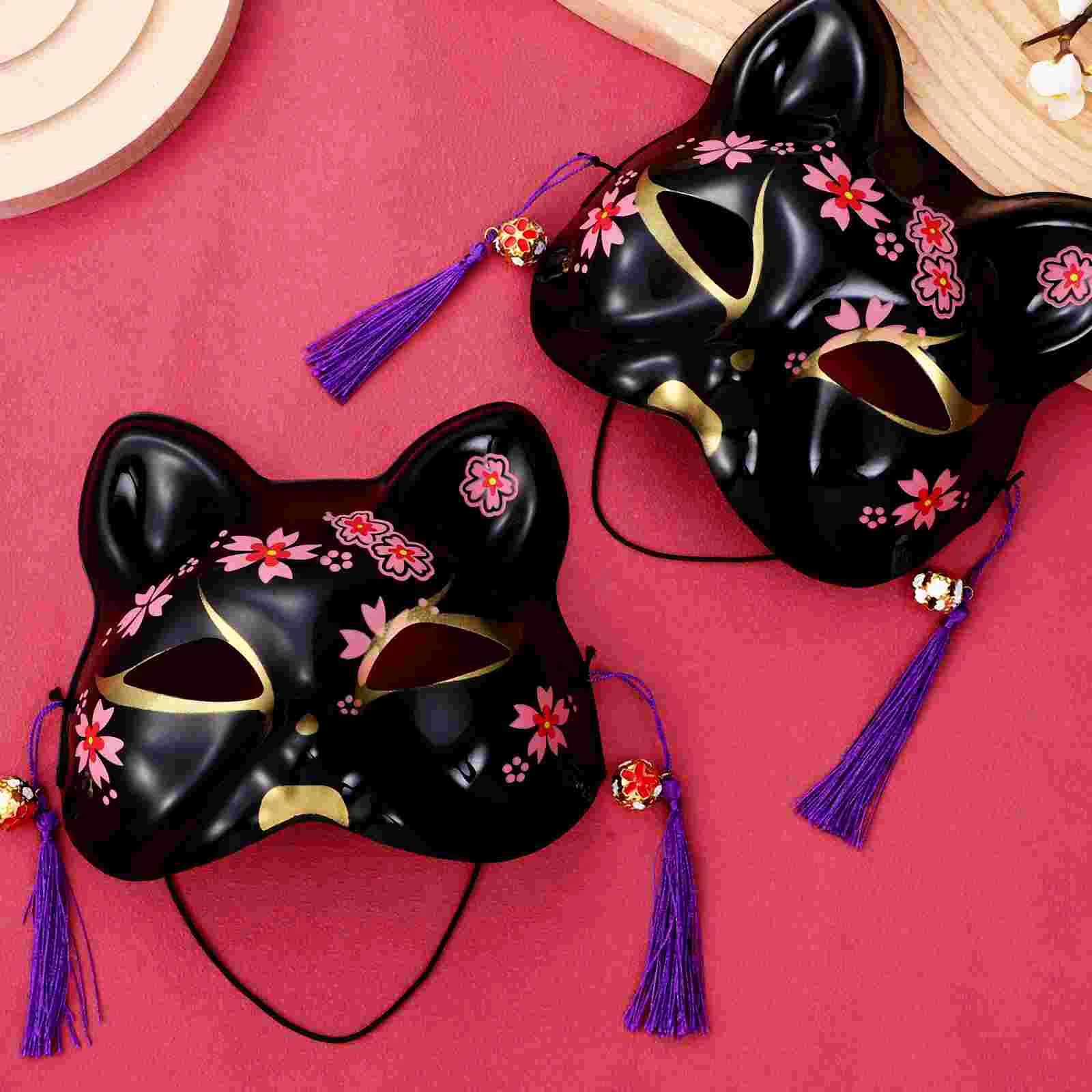 2 peças máscara de raposa de máscaras para mulheres preto sakura gato conjunto de 2 peças as máscaras de plástico