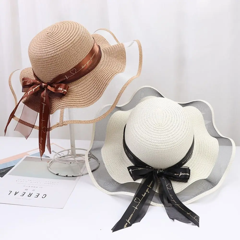 

Fashion UV Protection Bow Straw Hat Weave Ribbon Beach Hat Sun Hat Bowkont Outdoor Visor Cap Travel