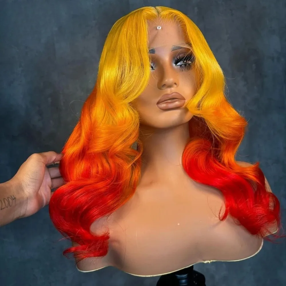 Ombre Yellow Red Colored Lace Wigs For Women Body Wave HD Lace Front Glueless Wigs High Density Preplucked With Natural Hairline