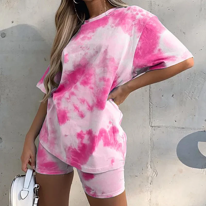 Tie dye gradiente solta camiseta de manga curta e casual com meias calças Y2K apertadas para mulheres, conjunto curto de verão feminino, moda, 2024