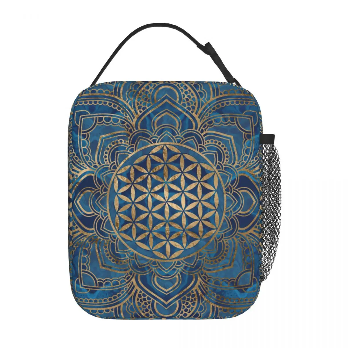 Flower Of Life In Lotus Blue Marble And Gold Mandala Insulated Lunch Bag Portable Reusable Thermal Bag Lunch Box Tote College