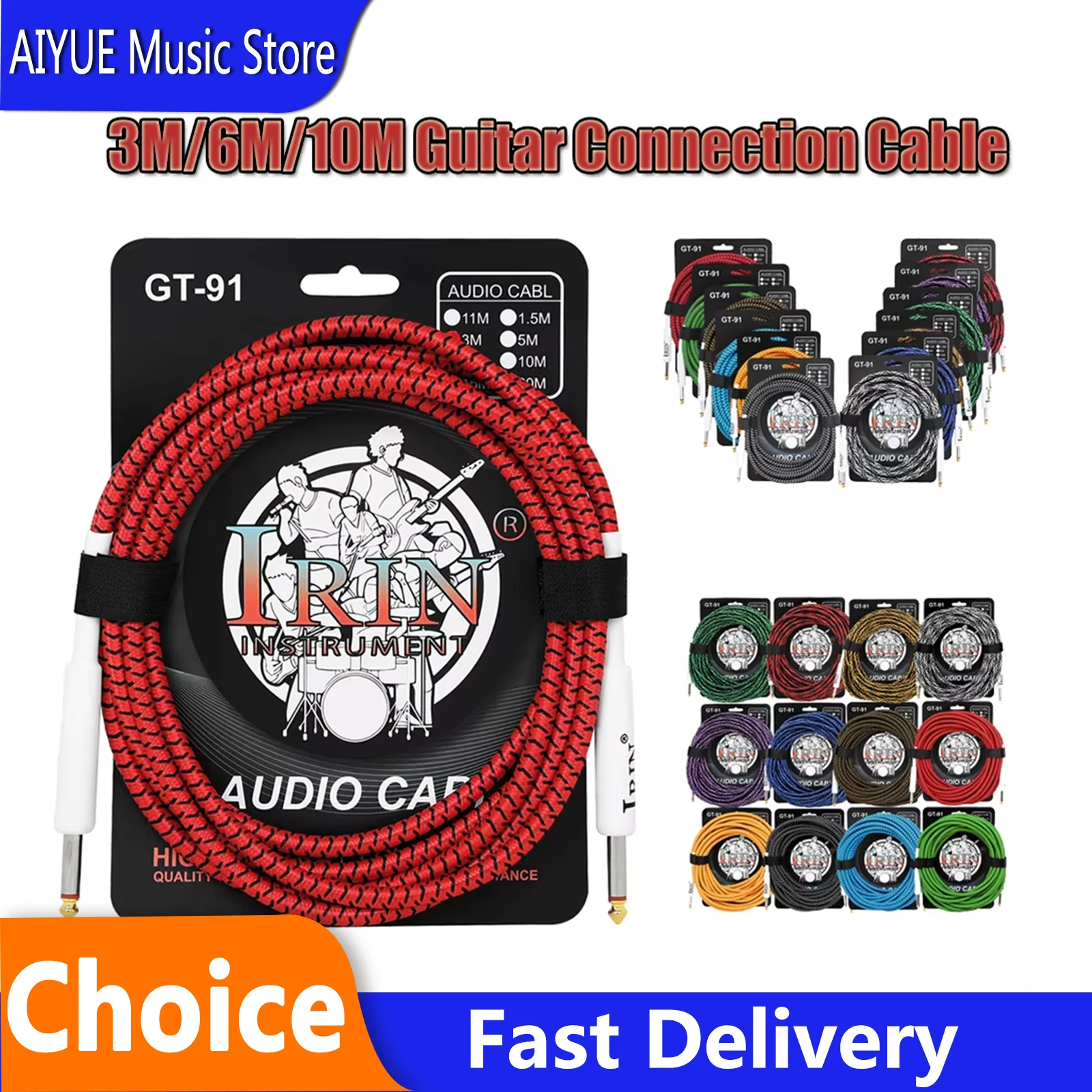 IRIN GT-91 Guitar Connection Cable PVC Plastic+Metal Noise Reduction Braided Wiring Double Straight Head Connection Cable Parts