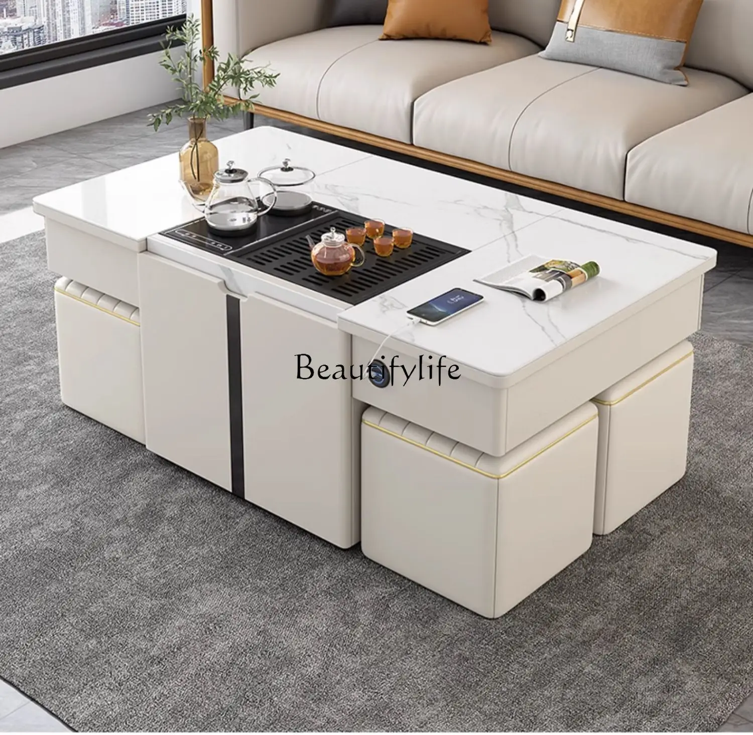 

Multifunctional coffee table electric lifting integrated Nordic light luxury rock plate tea table