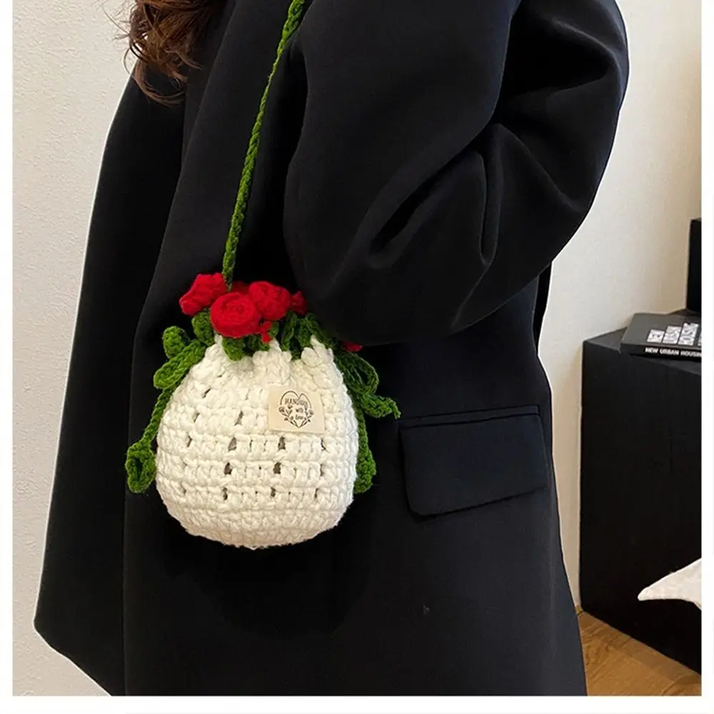 

Bohemian Rose Bouquet Weave Bag Crochet Hollow Out Rose Beach Bucket Bag Rustic Cotton Rope Knitted Crossbody Bag Travel
