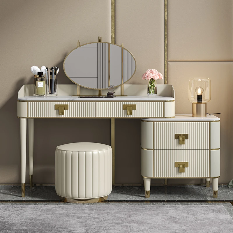 Furnistyle Luxury Postmodern Vanity Table Drawer Mirror White Leather Golden Finish Eco-friendly Customizable for Bedroom Use