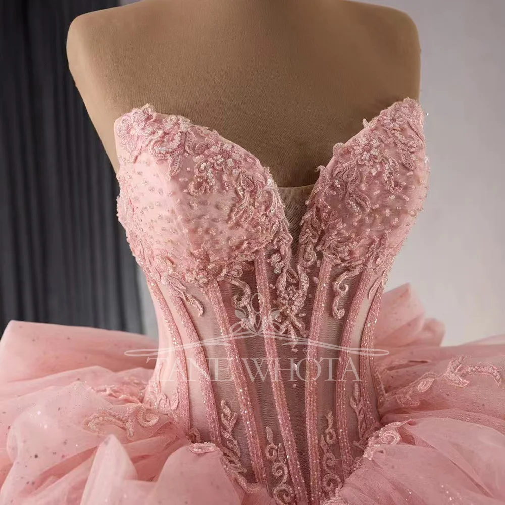 Abito da sera di lusso con scollo a cuore con pizzo sul retro Abito da sera personalizzabile con fiocco rosa con paillettes in rilievo per occasioni speciali