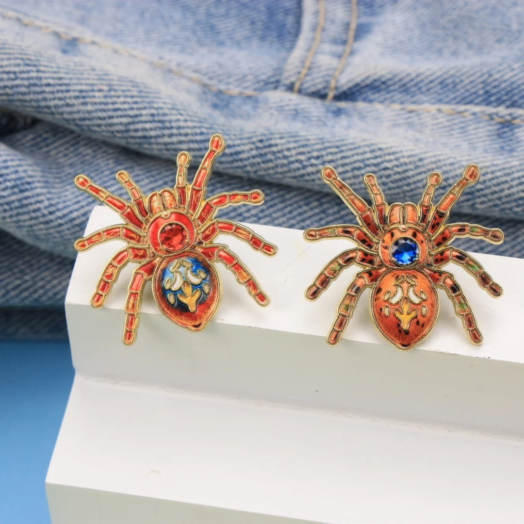 Gothic Tarantula Enamel Pin Set, Jeweled Red Spider Brooches, Vintage Insect Metal Badges for Jackets, Backpacks & Hats