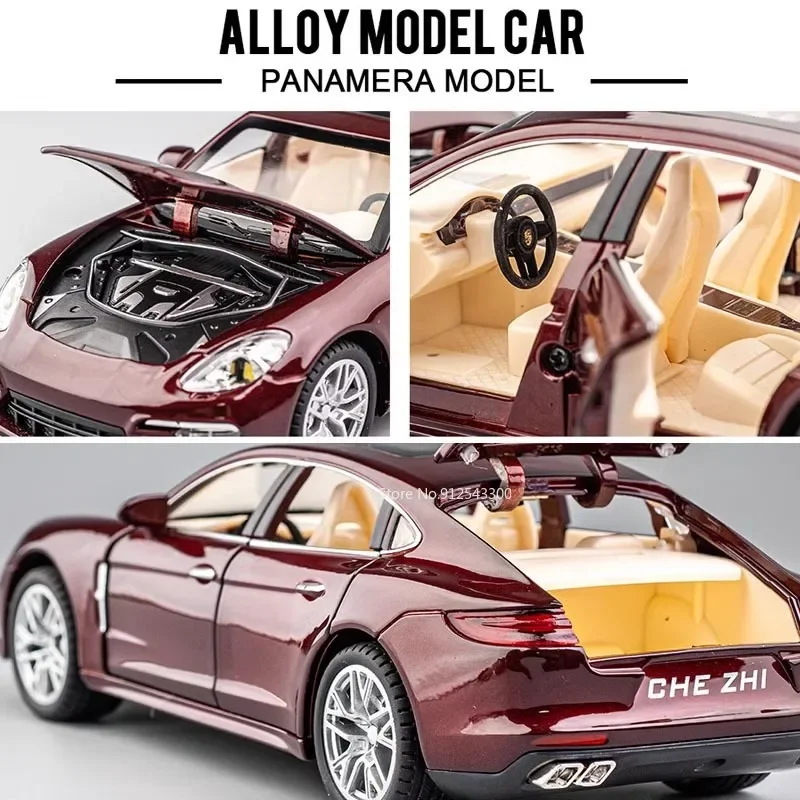 1:24 porsche panamera modelo de carro esportivo em miniatura, liga de brinquedo, portas fundidas, som aberto, luz, puxar para trás, supercar, ornamentos, presentes