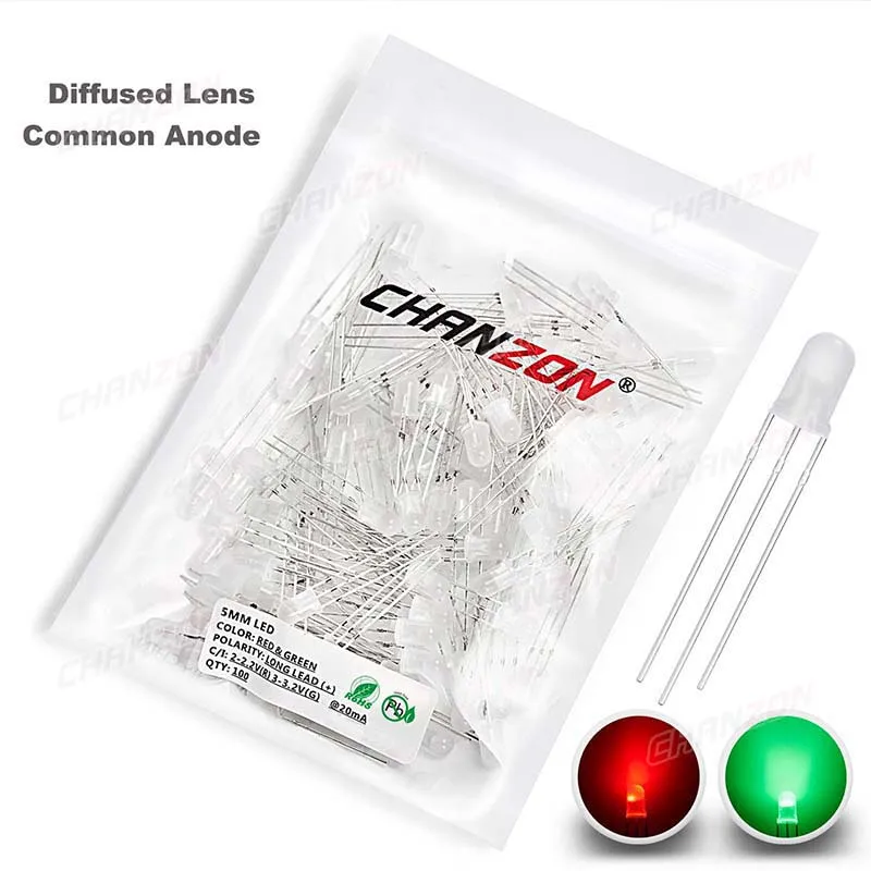 100pcs 5mm LED Light Emitting Diode Lamp Bulb Bicolor Red Green Common Anode Cathode Transparent Diffused Micro Indicator 3V