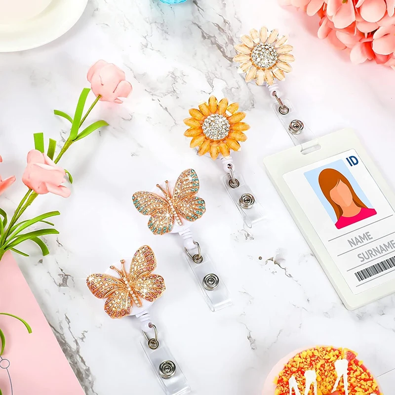 4 Pieces Butterfly Rhinestone Badge Reels Retractable Crystal Sunflower Badge Holder Name ID Badge Holder With Clip