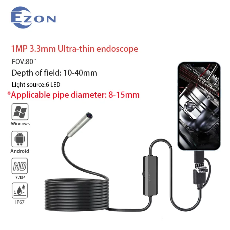 

1MP 3.3mm 80° Industrial Endoscope Camera for Pipeline Inspection 1.5m USB Type-C Android 3-in-1 Soft Cord Endoscope Probe