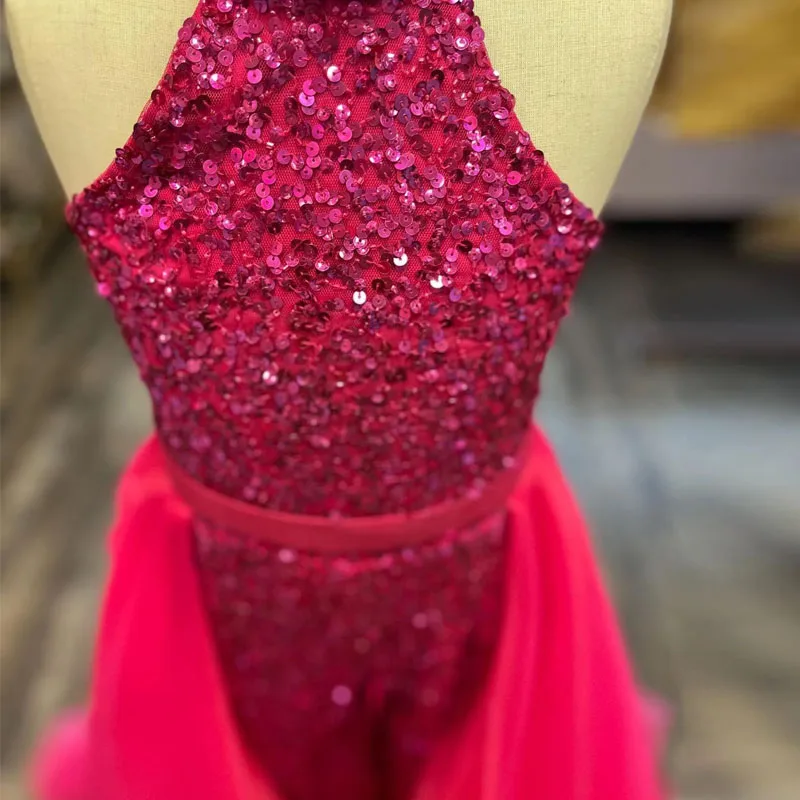 Fuchsia Jumpsuit Little Girls Prom Dresses Halter Sequin Kids Pageant Outfit with Detachable Train Child Birthday Wears 2023