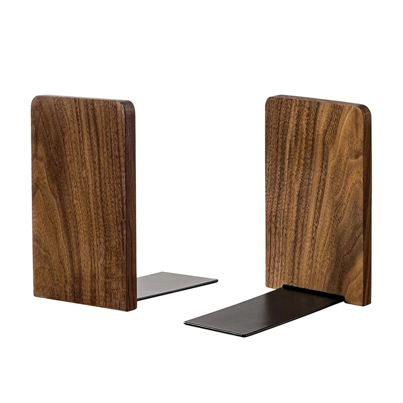 

2 PCS Book Ends For Black Walnut Rectangle Book Shelf Holder Decorative Heavy Duty Wood Bookends With Non-Skid Pad