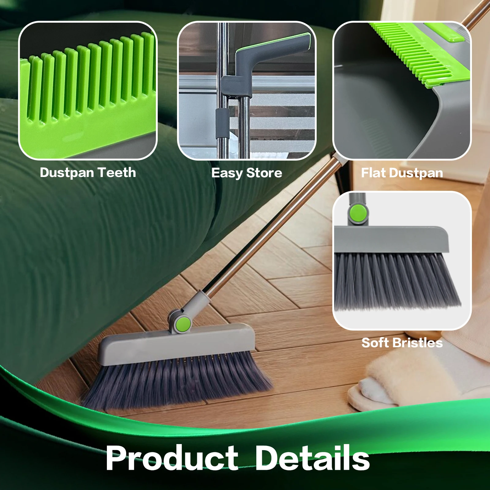 Set Sapu dan Sapu Lipat 3 In 1, Sapu Tanpa Sikat, Set Pembersih Multi-permukaan, Cocok untuk Ruang Tamu, Kamar Tidur dan Kamar Mandi