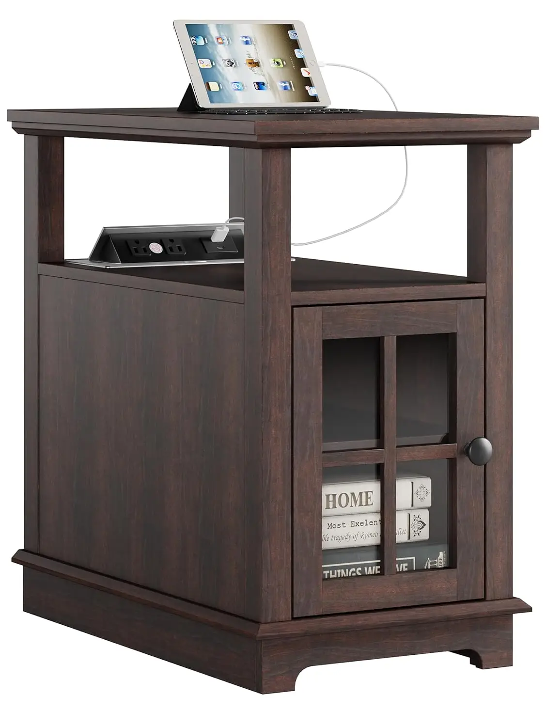 Narrow Side Table Charging Station Flip Top Type-C USB Ports Outlets Adjustable Shelf Living Room Bedroom Office, Customized
