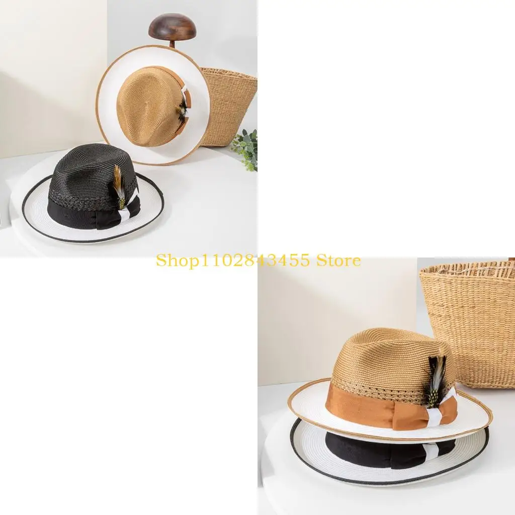 49MC Wide Brimmed Sun Hat Embellishment Lightweight Weave Material Adjustable Chin Strap Beach Party Essential