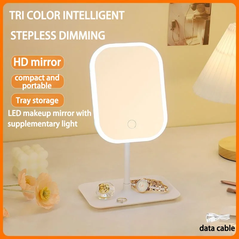 Niche Modern Desktop Vanity Mirror 3 Color Light LED Makeup Mirror Touching Mirror Women Bedroom Dressing Mirror