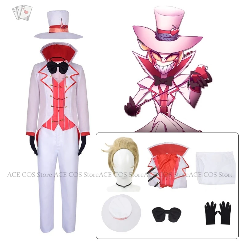 Hazbin Lucifer Morningstar Hotel Costume Cosplay Cappello Smoking Angelo caduto Anime Parrucca Cosplay Vestito Diavolo Inferno Halloween Party Uomo