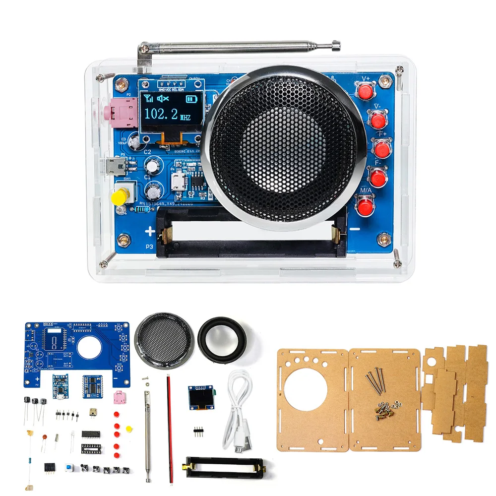 Electronic DIY Kit OLED Display Radio DIY Kit Rechargeable FM 87-108MHZ 18650 Lithium Battery Powered Circuit Board Soldering