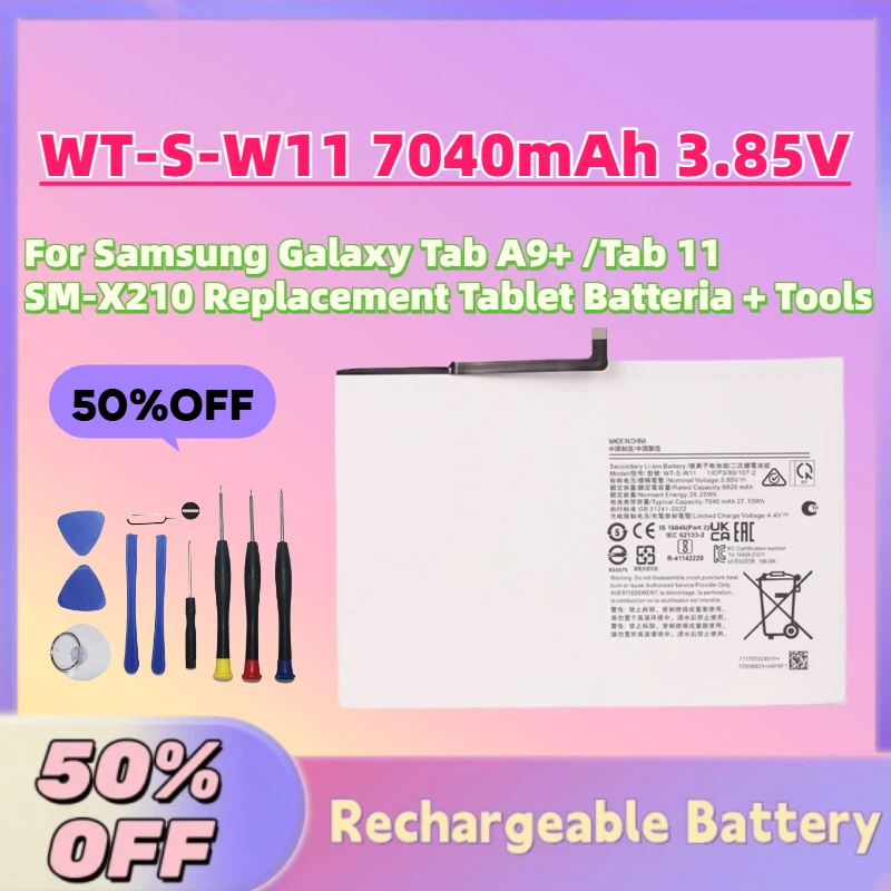 High-Capacity WT-S-W11 7040mAh 3.85V Battery for Samsung Galaxy Tab A9+ /Tab 11 SM-X210 Replacement Tablet Batteria + Tools