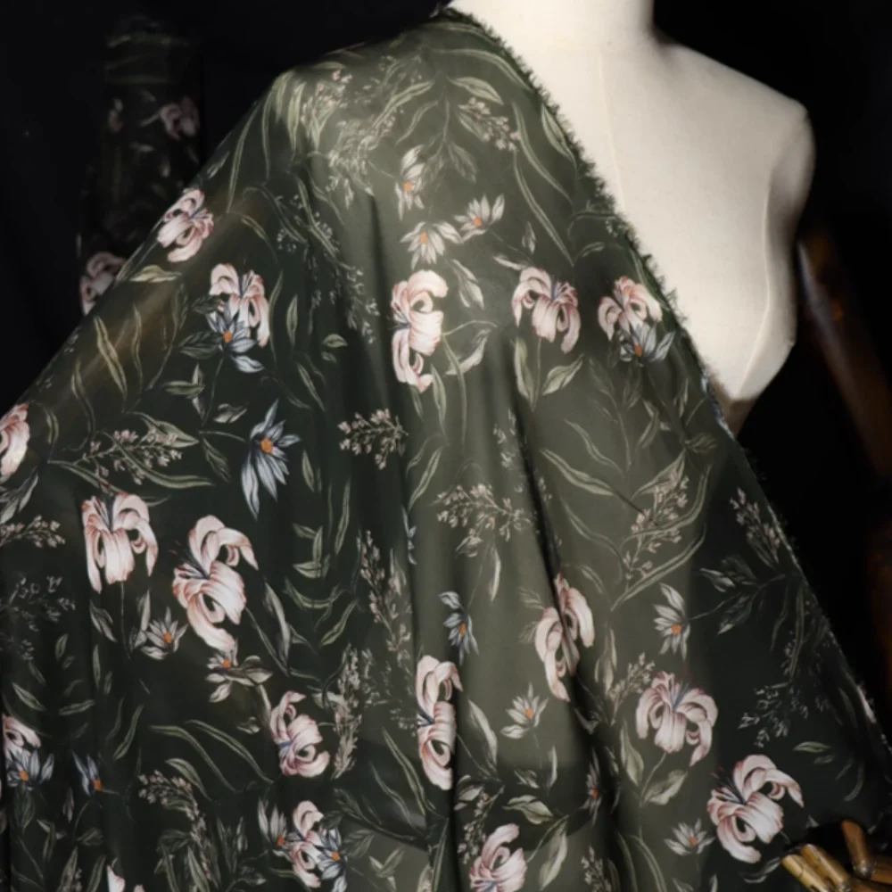 مسود الأخضر الوردي زهرة الزنبق المطبوعة لينة 100% نسيج الشيفون الحريري للفتيات النساء رحلة تنفس الملابس فستان وشاح