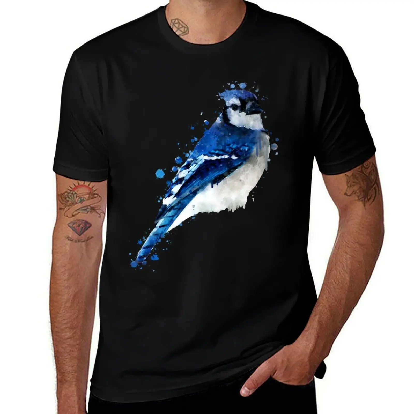 Dramabite Watercolor blue jay bird T-Shirt Graphic Print Short Sleeve T-Shirt