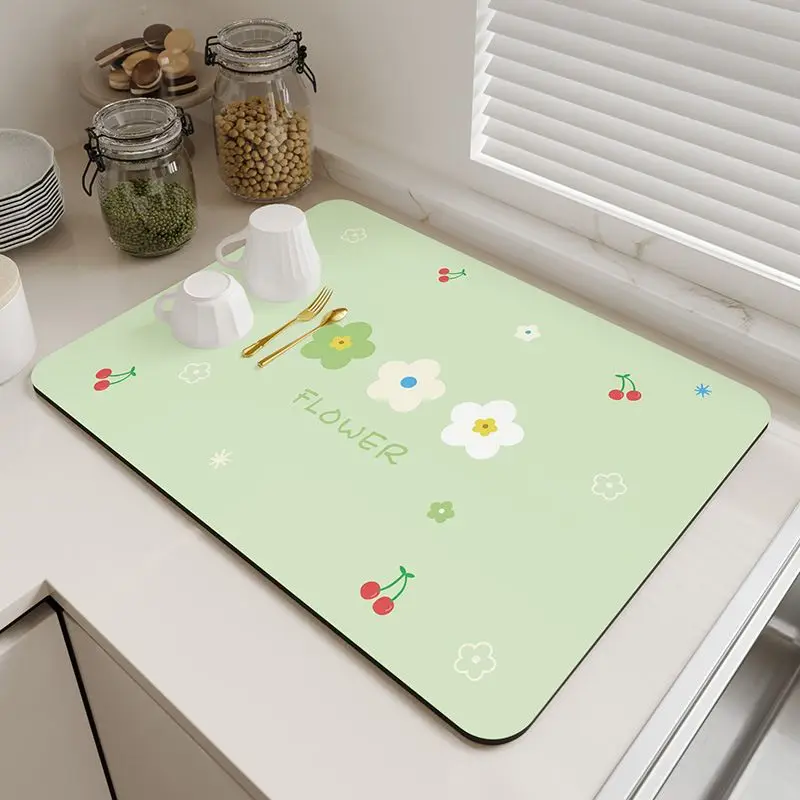 VIKAMA Minimalist Floral Dish Rack Mat Cream Scandinavian Style Absorbent Quick Dry Mat Kitchen Sink Countertop Home Decor