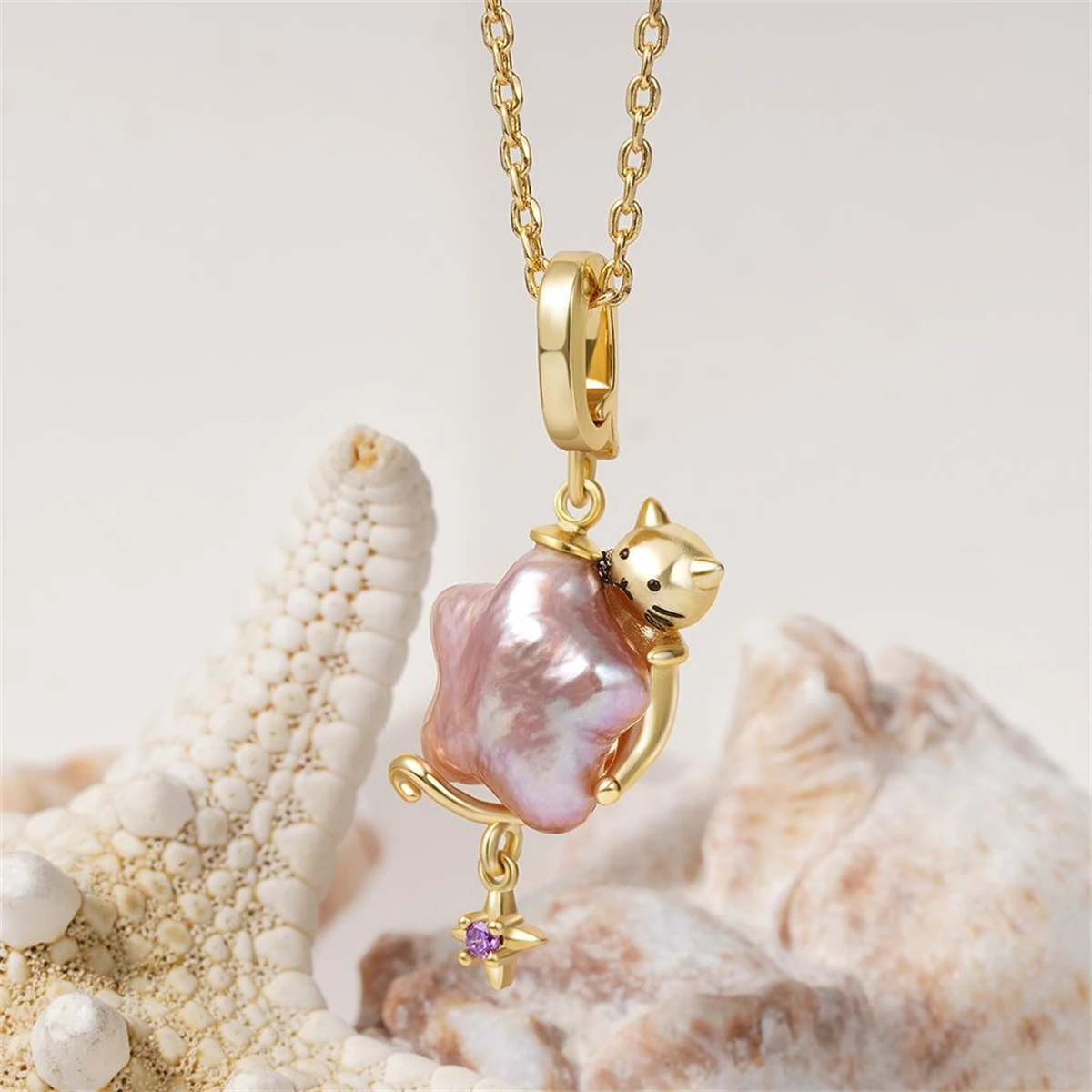 

Dopamine necklace earring set imitation pearl colored pearl kitten star pendant gold-plated color preservation